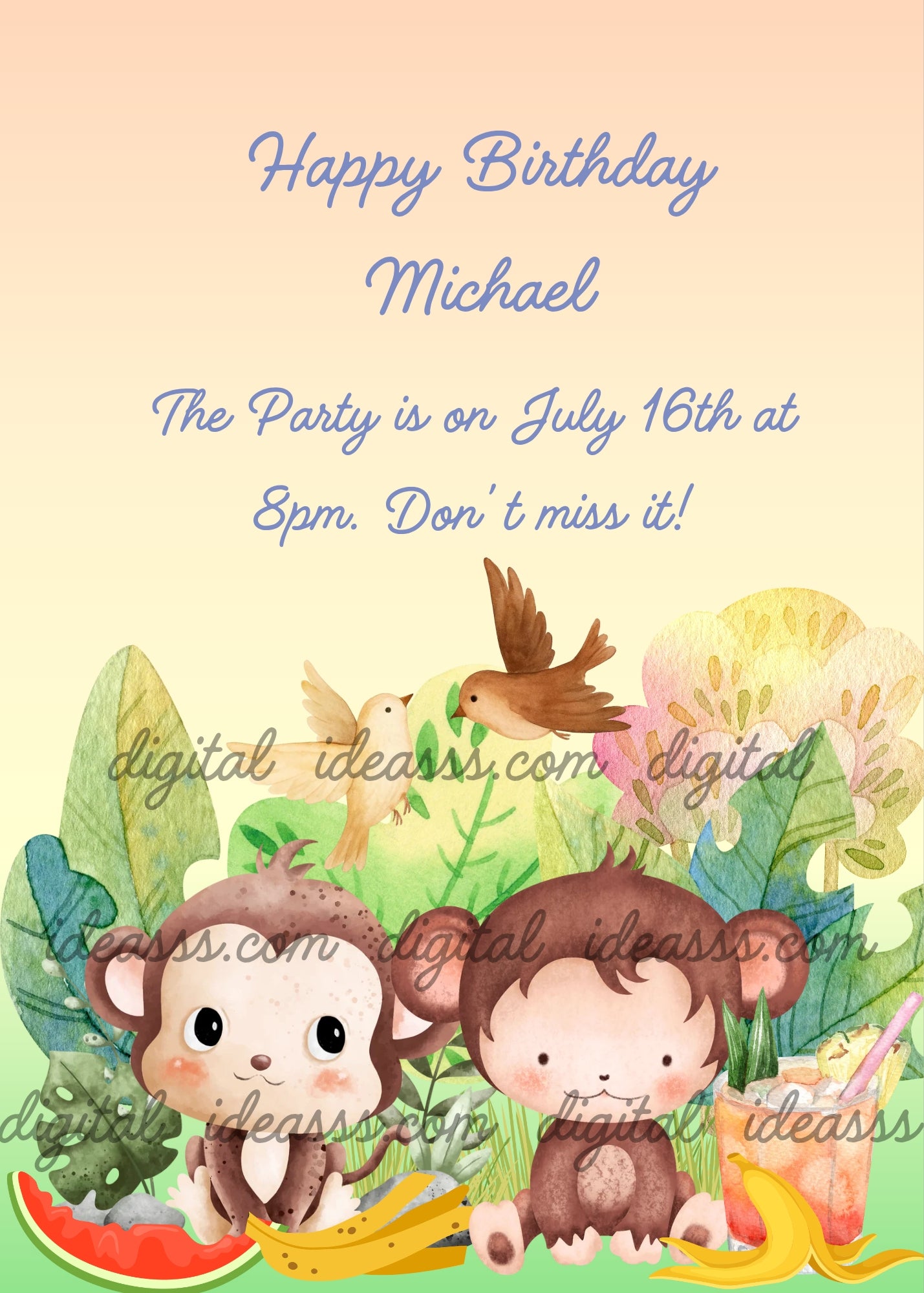 Two cute kawaii monkeys sitting among tropical plants and colorful trees, with two watercolor birds flying, a slice of watermelon, bananas, and a tropical drink, on a soft pastel yellow and peach background — birthday card for children aged 1 to 9
