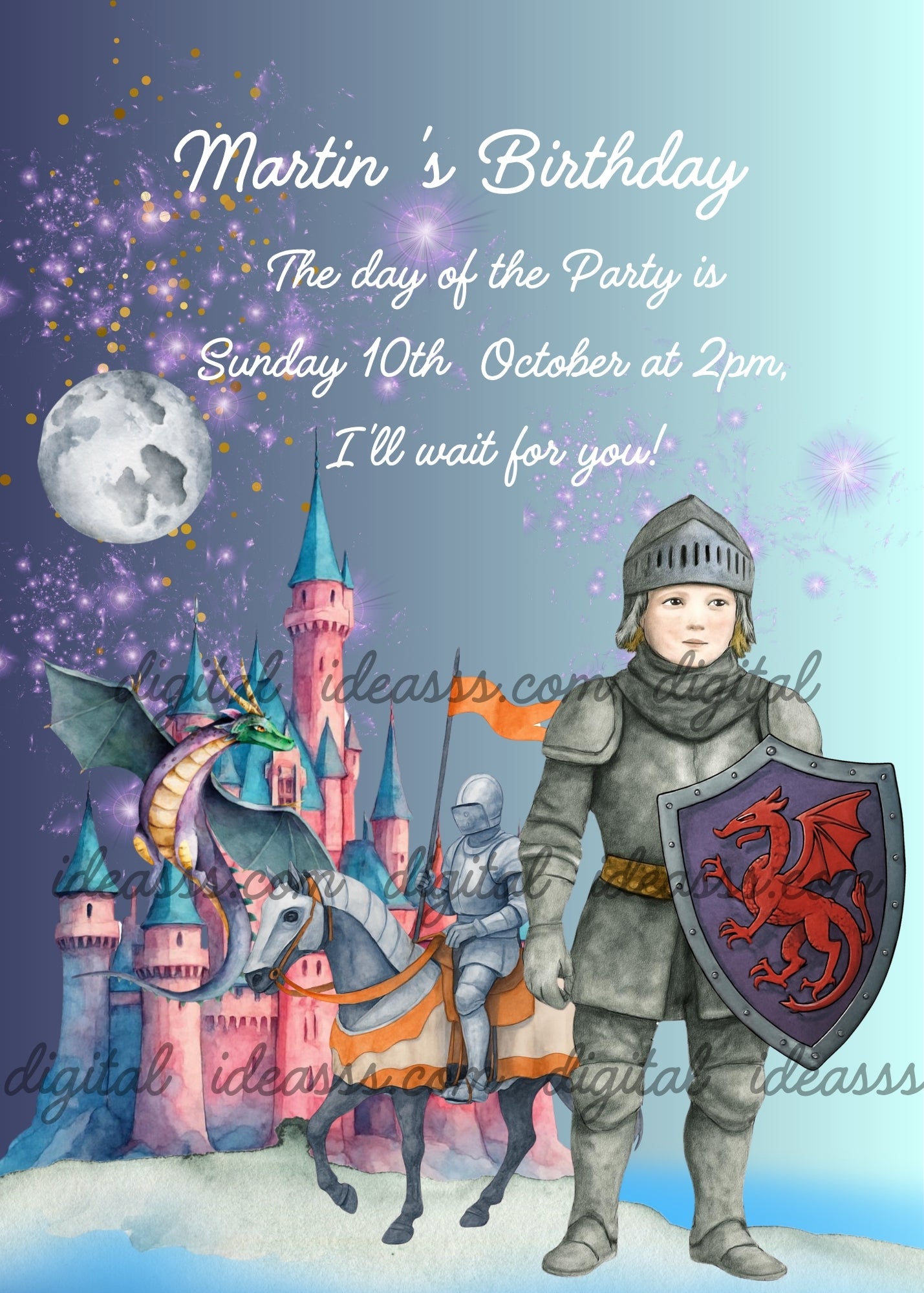 Knight in gray armor with purple shield emblazoned with red dragon standing in front of a pink castle with turquoise roofs, second knight on horseback with orange flag, green and golden dragon clinging to the castle, full moon in the upper left corner, golden sparks and purple magical sparkles in the sky, soft blue gradient background — birthday card for boys aged 9 to 14