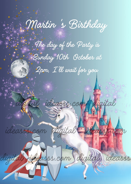 Knight in armor with red cape and shield, white unicorn rearing up, green and gold dragon, full moon, pink castle with teal towers, purple stars and sparkles on a blue background — birthday card for boys aged 8 to 14