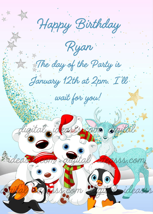 Four polar bears in a snowy North Pole scene: three with Santa hats and colorful scarves, and a tiny sleeping cub with a Santa hat and green sweater with red stripes sitting on top of one bear's head, with two penguins and a light blue caribou, sparkling mosaic crescent moon in blue and gold glitter and silver stars — birthday card for children aged 5 to 12