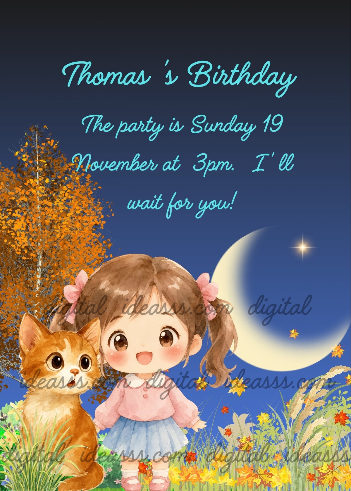 A sweet kawaii girl with brown hair and pink bows standing in an autumn garden with an adorable orange tabby cat, surrounded by fallen leaves, yellow flowers and an orange autumn tree, under a white crescent moon and a bright star on a deep blue night sky background — birthday card for children aged 3 to 10 