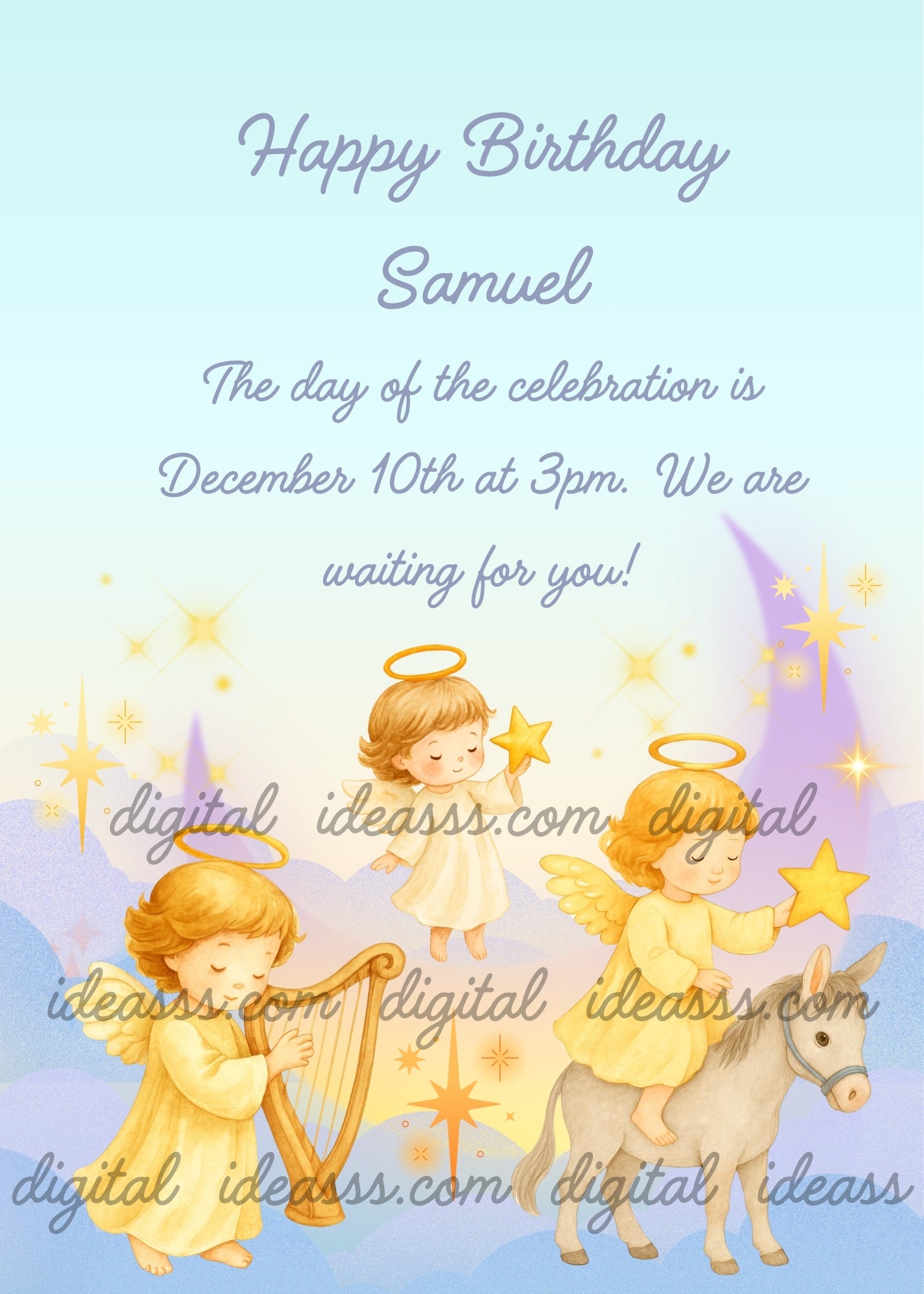  Three cute angels with golden halos, one playing a harp, one flying holding a golden star, and one riding a donkey holding a star, with a crescent moon and sparkling stars on a soft blue and lavender cloud background — birthday card for children aged 1 to 9