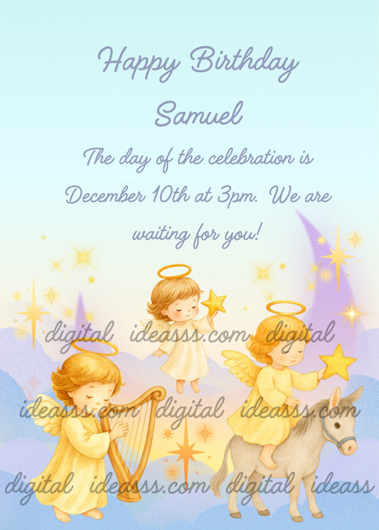  Three cute angels with golden halos, one playing a harp, one flying holding a golden star, and one riding a donkey holding a star, with a crescent moon and sparkling stars on a soft blue and lavender cloud background — birthday card for children aged 1 to 9