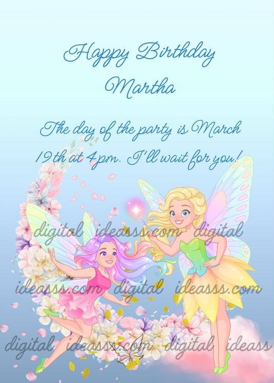 Two fairies with rainbow wings, a blonde fairy in green and yellow dress and a fairy with rainbow hair in pink dress, flying on a floral moon made of white and pink flowers on a soft light blue background — birthday card for girls aged 9 to 14