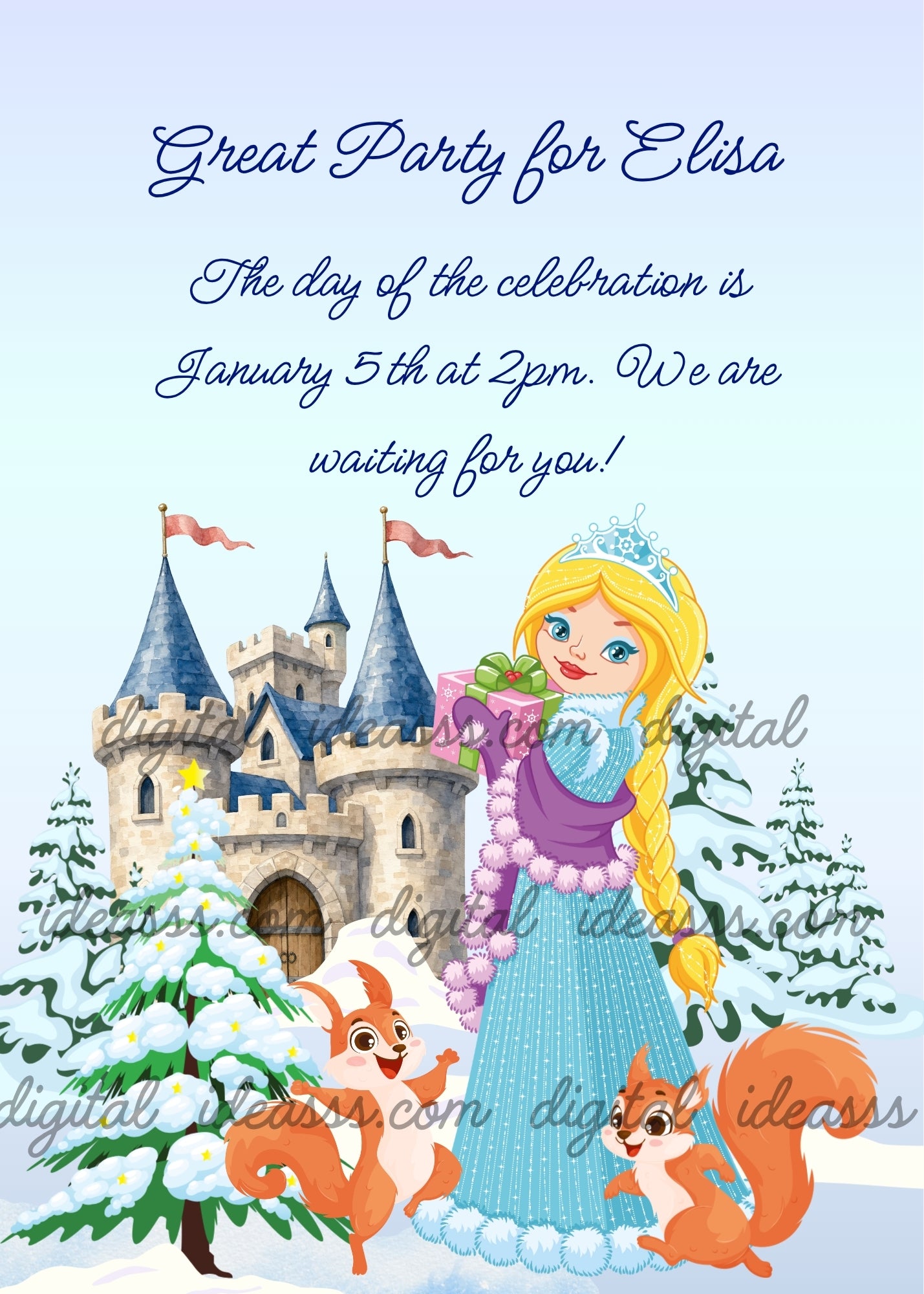 A blonde princess with ice tiara, light blue dress with purple shawl and pink pom poms, holding a pink gift box with green bow, two red squirrels at her feet, a beige castle with blue towers and red flags on the left, snow-covered cartoon fir trees all around, on a light blue winter background — birthday card for girls aged 8 to 12