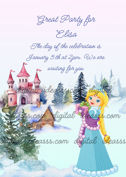 A cute blonde princess with a blue winter dress and silver crown holding a gift box in a snowy landscape with a pink castle and snow-covered trees in the background — printable Christmas card for girls ages 8 to 12