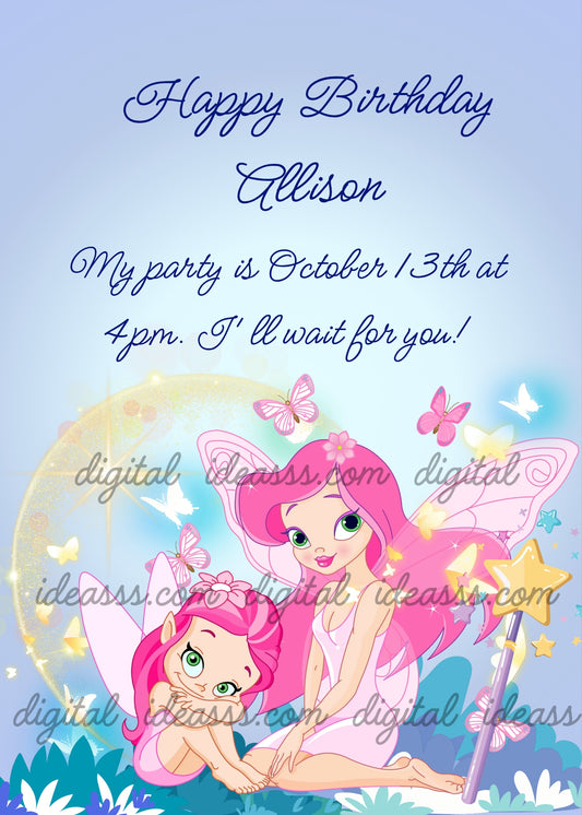 Two cute pink haired fairies sitting under a glitter crescent moon with teal bushes a golden star wand and colorful butterflies on a soft blue background — birthday card for girls aged 9 to 14