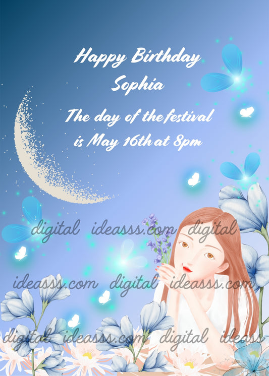 A beautiful girl with long brown hair holding blue flowers, surrounded by fireflies and blue flowers, with a crescent moon on a soft blue background — birthday card for girls aged 9 to 14