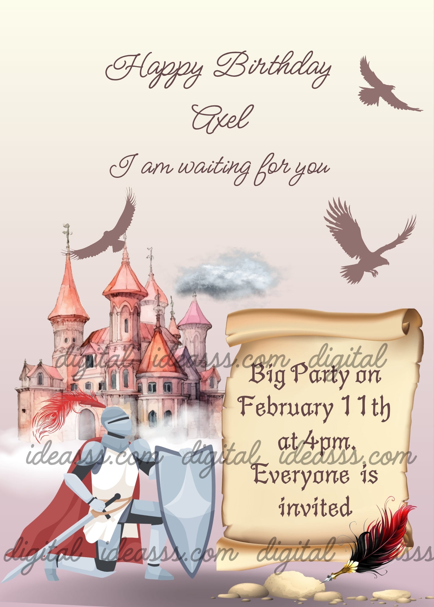 A knight in white armor with a red cape and shield holding a sword in front of a pink castle with red towers among clouds with flying hawk silhouettes a parchment scroll and red and black feathers on a soft beige pink gradient background — printable birthday card for boys ages 10 to 14