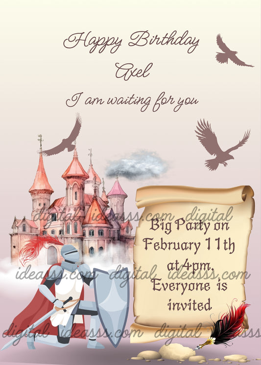 A knight in white armor with a red cape and shield holding a sword in front of a pink castle with red towers among clouds with flying hawk silhouettes a parchment scroll and red and black feathers on a soft beige pink gradient background — printable birthday card for boys ages 10 to 14