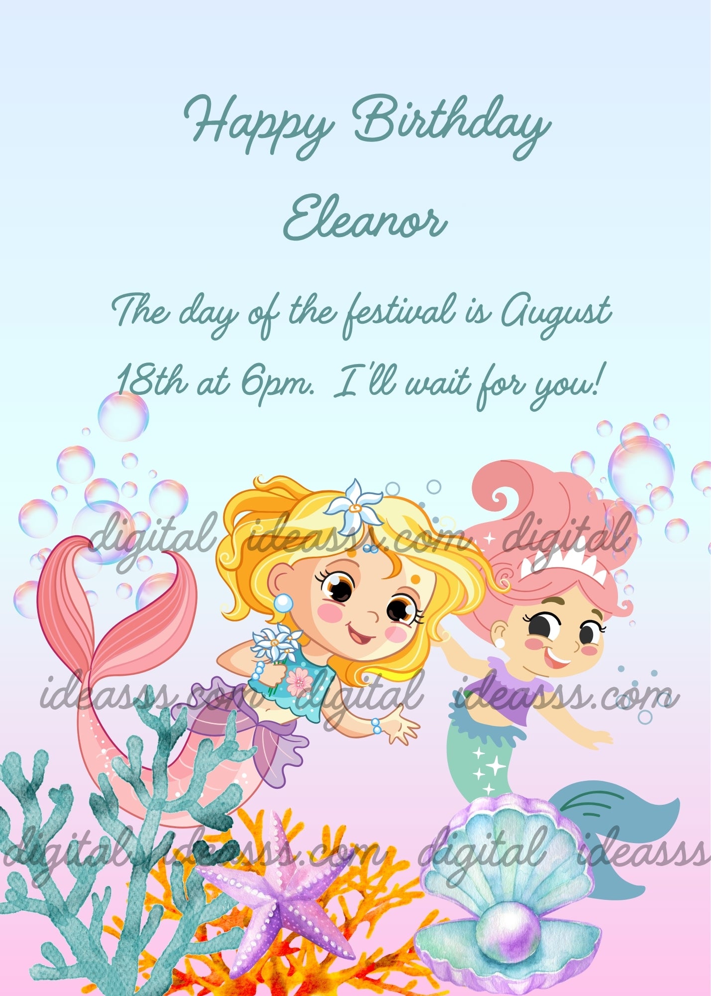 Two cute baby mermaids, one blonde with white flower and pink tail, one with pink hair and tiara with turquoise tail, discovering a pearl in a blue oyster, teal and orange corals, lilac starfish and pink bubbles on pastel pink and blue background — birthday card for girls aged 1 to 9