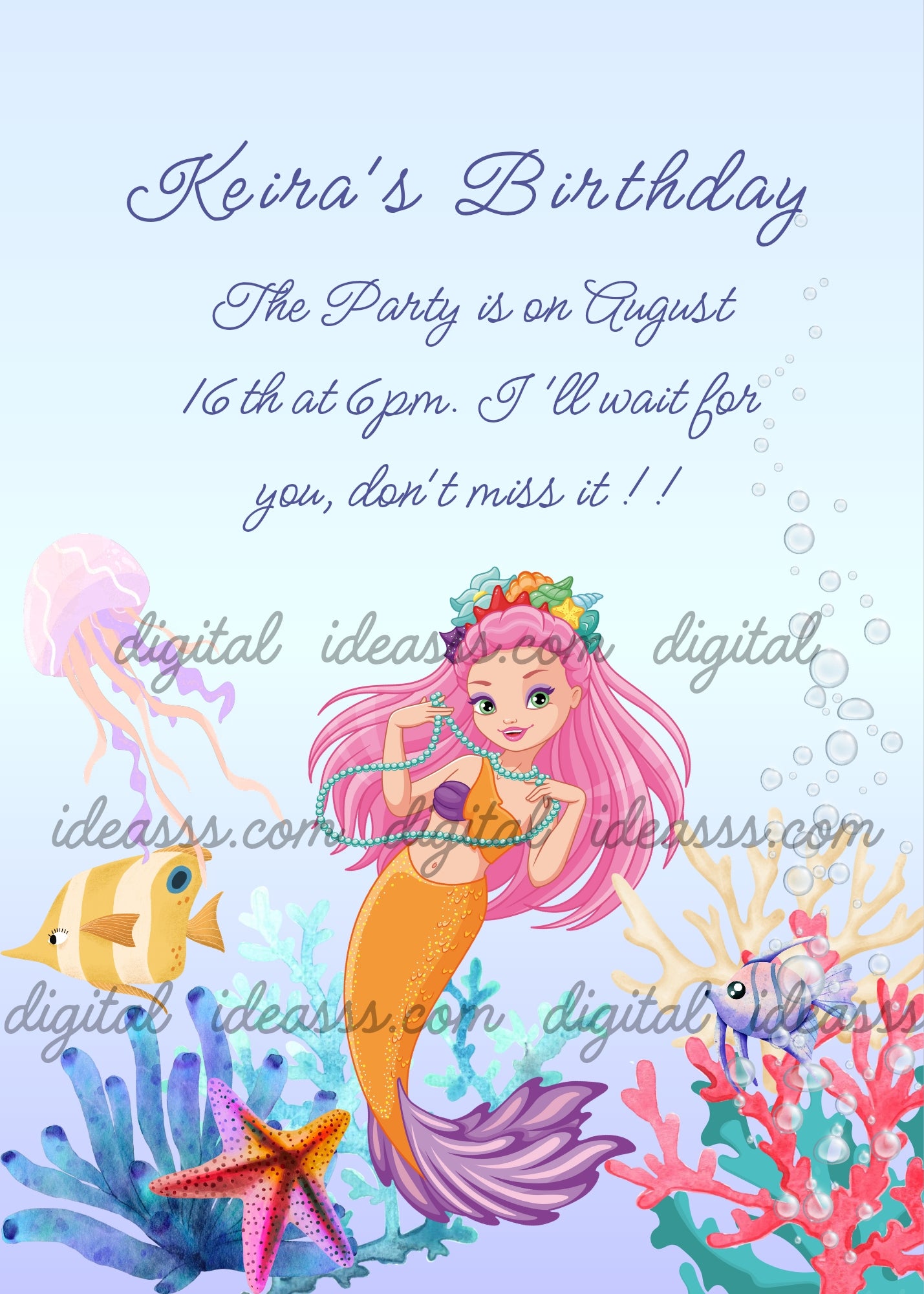 Mermaid with long pink hair and flower crown, orange tail and lilac fin, holding a turquoise pearl necklace, pink jellyfish, yellow and blue fish, colorful corals, orange starfish and transparent bubbles on light blue background — birthday card for girls aged 10 to 14