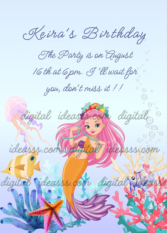 Mermaid with long pink hair and flower crown, orange tail and lilac fin, holding a turquoise pearl necklace, pink jellyfish, yellow and blue fish, colorful corals, orange starfish and transparent bubbles on light blue background — birthday card for girls aged 10 to 14