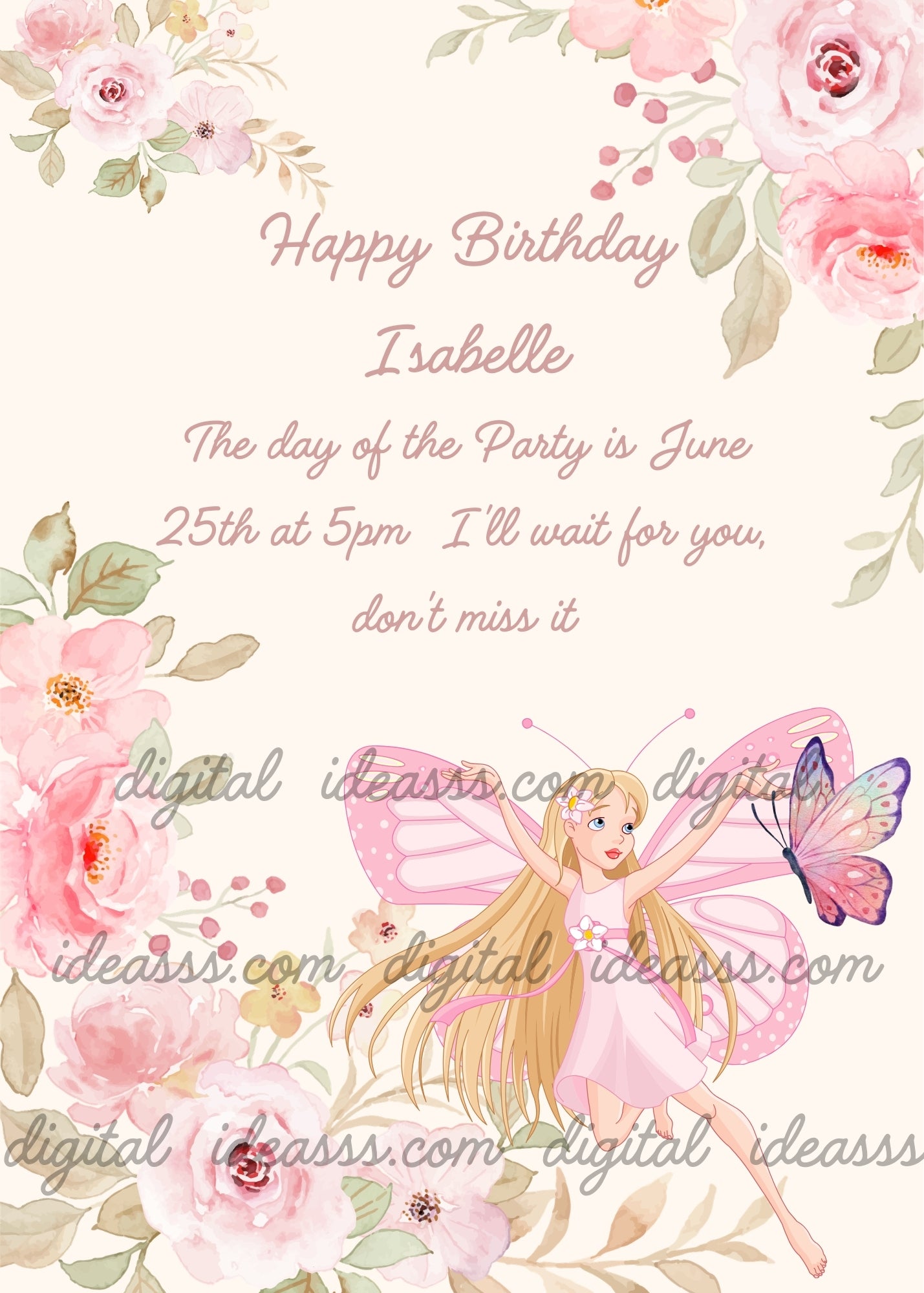 An elegant blonde fairy with long hair in a pink dress with white flowers and antennae holding a large purple and teal butterfly surrounded by watercolor pink roses and flowers on a soft cream background — printable birthday card for girls ages 8 to 14