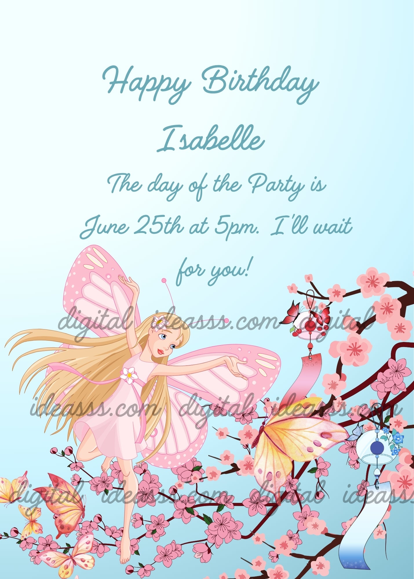  A blonde fairy with pink butterfly wings flying among cherry blossom branches with colorful butterflies and wind chimes on a soft blue background — birthday card for girls aged 8 to 14