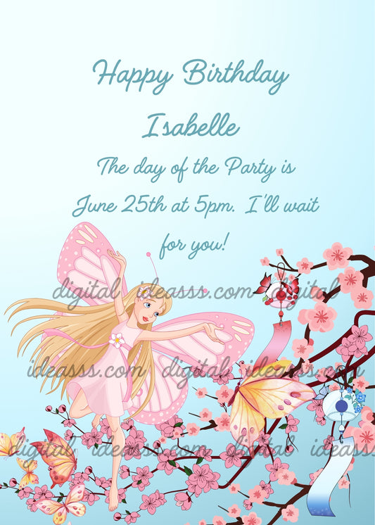  A blonde fairy with pink butterfly wings flying among cherry blossom branches with colorful butterflies and wind chimes on a soft blue background — birthday card for girls aged 8 to 14