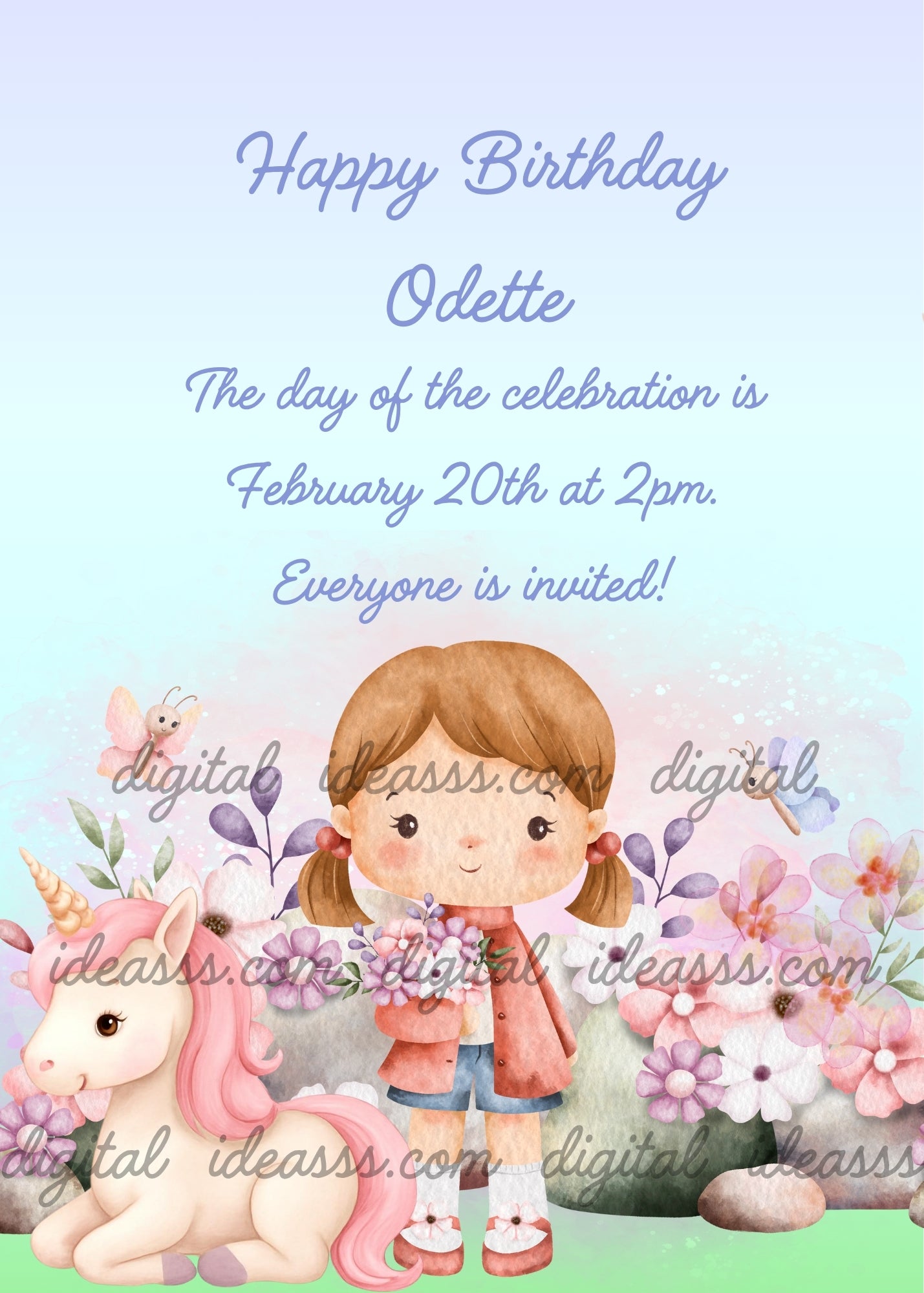 Cute kawaii girl with brown pigtails holding pink flowers, sitting next to a pink unicorn with golden horn, surrounded by pink and purple watercolor flowers and green leaves on a light blue gradient background — birthday card for girls aged 1 to 10