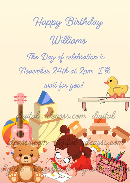 Little girl drawing on the floor surrounded by toys including a teddy bear, a pink guitar, a colorful ball, wooden blocks, a yellow duck on wheels, a wooden train and a pencil case with colored pencils on a soft yellow background — birthday card for children aged 1 to 9