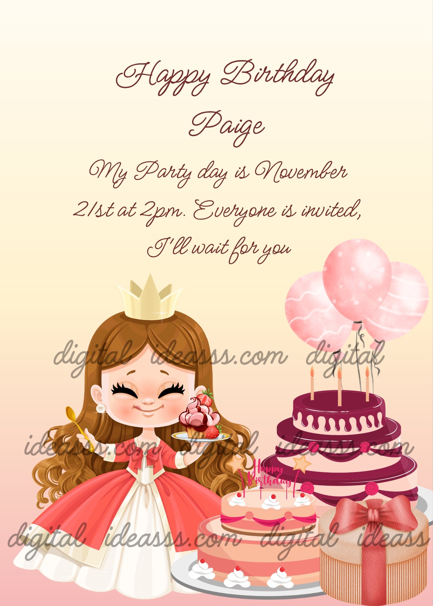 A cute kawaii princess with long brown hair and a golden crown in a red and white dress holding a cupcake next to a tall chocolate cake and pink balloons and a gift box on a warm pastel background — printable birthday card for girls ages 5 to 12