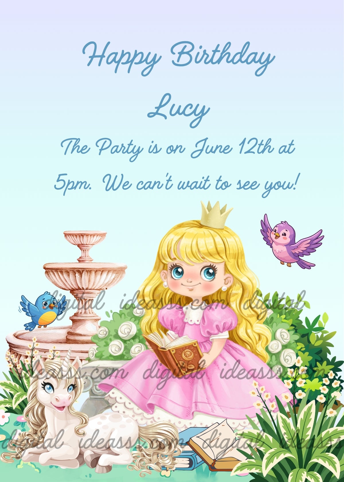 Blonde princess in a pink dress and gold crown reading a book beside a reclining white unicorn with a cream mane and tail, with a tiered fountain, two colorful birds, books and flowers in a leafy garden - printable birthday card for girls aged 6 to 12