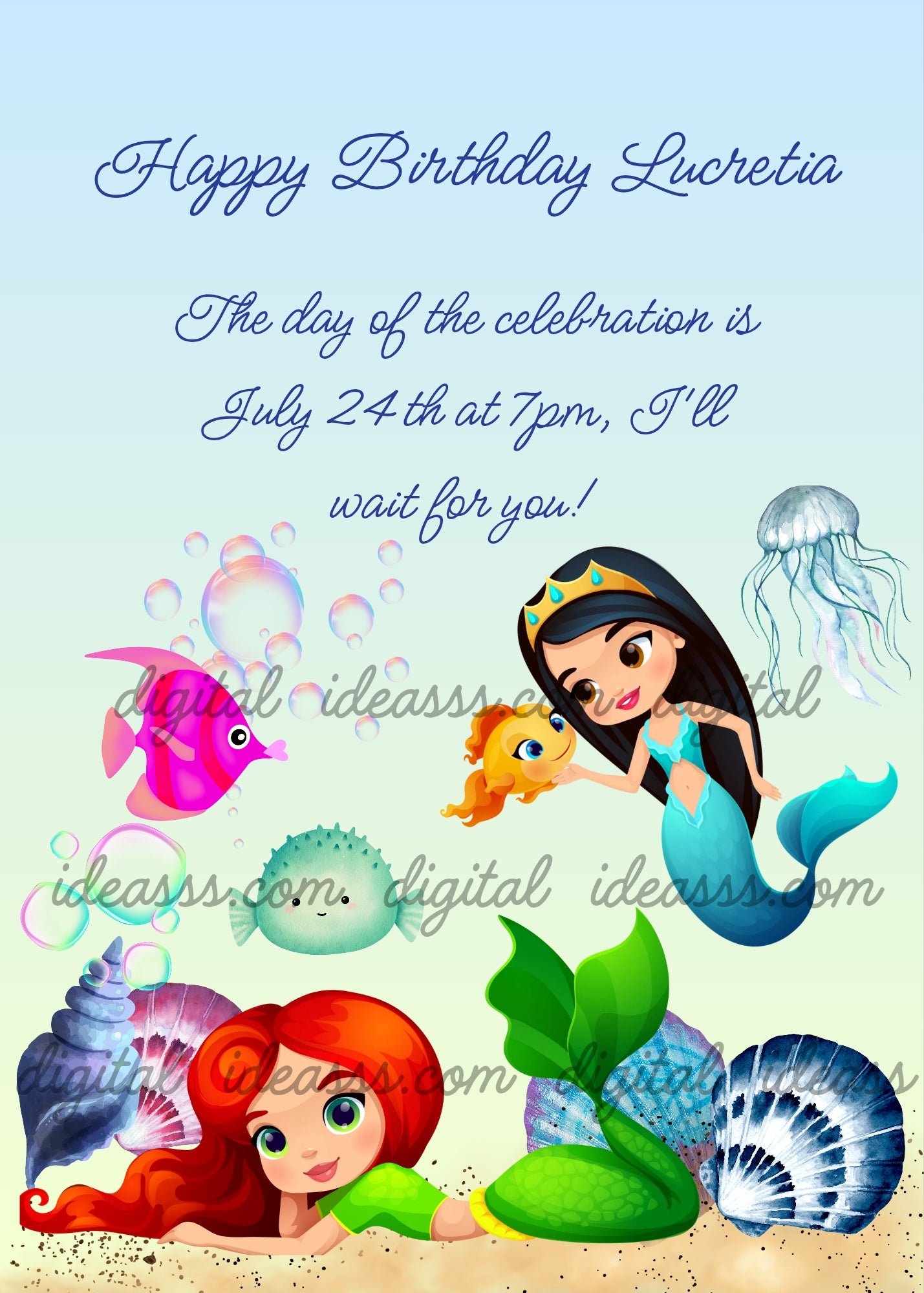 Two mermaids, one with red hair and green tail lying on sandy seabed with shells, one with black hair and yellow crown with blue tail petting a yellow puffer fish. Blue puffer fish, pink fish, blue jellyfish and transparent bubbles on pastel background — birthday card for girls aged 6 to 12