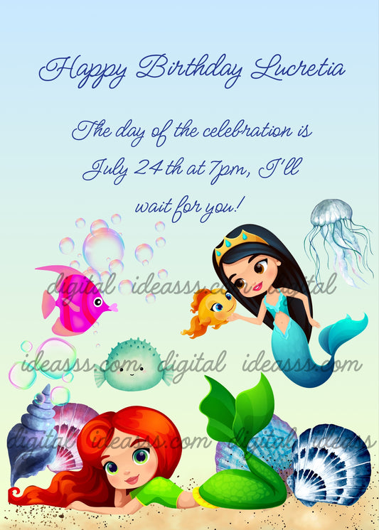 Two mermaids, one with red hair and green tail lying on sandy seabed with shells, one with black hair and yellow crown with blue tail petting a yellow puffer fish. Blue puffer fish, pink fish, blue jellyfish and transparent bubbles on pastel background — birthday card for girls aged 6 to 12