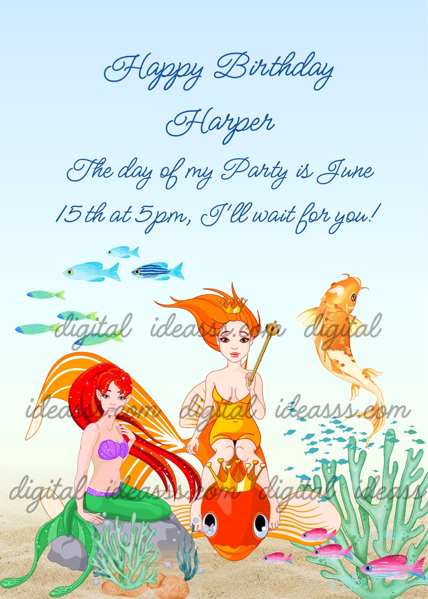 Queen with orange hair and golden crown riding a large crowned koi fish, red-haired mermaid with green tail on a rock, blue striped fish, white and orange koi, green corals and pink fish on sandy beige and light blue background — birthday card for girls aged 9 to 14