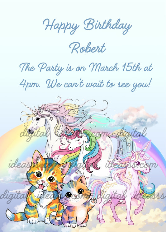 Three unicorns with flowing rainbow-colored manes beside two colorful kittens on pastel clouds, with a rainbow in the background - printable birthday card for children aged 1 to 9