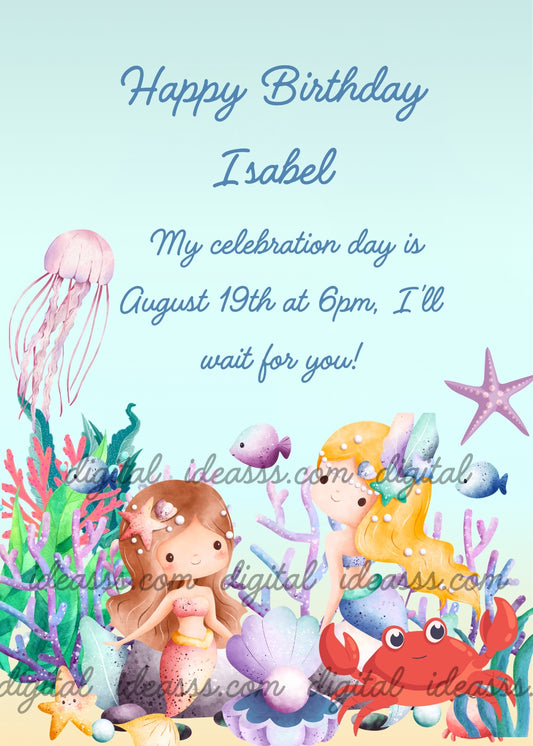 Two cute baby mermaids, one with brown hair and orange starfish with pink tail, one blonde with teal starfish and yellow tail, red smiling crab, pink jellyfish, purple and blue fish, colorful corals and seaweed on light teal background — birthday card for girls aged 1 to 8