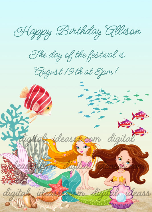 Two mermaids, one blonde with green tail holding onto the sandy seabed, one with brown hair holding a pearl oyster, red and white striped betta fish, school of blue fish, red and purple fish, teal and pink corals, orange starfish and shells on sandy beige and light blue background — birthday card for girls aged 9 to 14