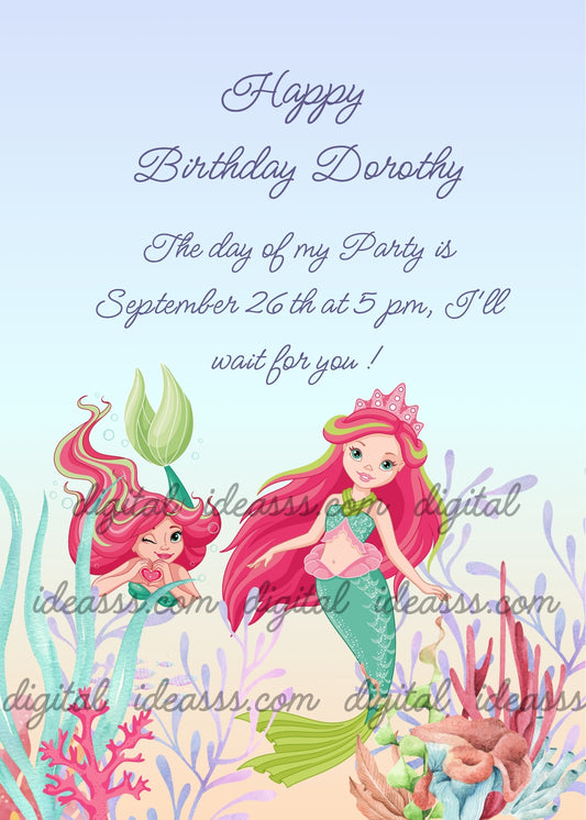 Two twin mermaids with long red and pink hair with green streaks, one in foreground with pink tiara and teal green tail, one in background winking, colorful seaweed in blue pink and lilac, pink corals on pastel blue and pink background — birthday card for girls aged 10 to 14