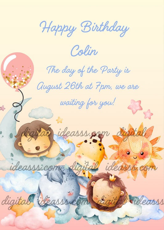 Cute kawaii sleeping jungle animals on clouds and moon: a lion cub sleeping on a crescent moon, a baby giraffe lying down, a smiling kawaii sun, a blue baby elephant sleeping on clouds, and another sleeping lion cub, surrounded by pink and yellow stars and a pink balloon with golden confetti, on a soft pastel yellow and pink background — birthday card for children aged 1 to 9