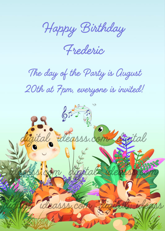Two cute baby tigers resting and sleeping on green grass surrounded by colorful tropical plants and flowers, a smiling baby giraffe, and a green bird singing musical notes perched among the leaves, on a soft blue and green gradient background — birthday card for children aged 5 to 10