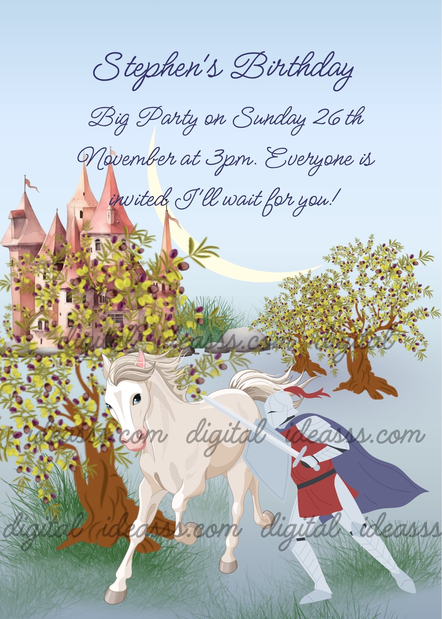 A silver knight in red and blue armor walking beside a white horse near a pink castle surrounded by olive trees and a crescent moon on a soft blue and lavender background — printable birthday card for boys ages 10 to 14
