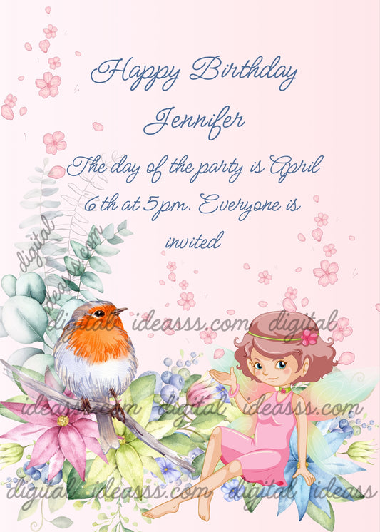 A cute brown haired fairy with a green headband and pink flower in a pink dress sitting next to a robin on a branch with watercolor pink lilac and blue flowers green leaves and cherry blossom petals on a soft pink background — printable birthday card for girls ages 9 to 14