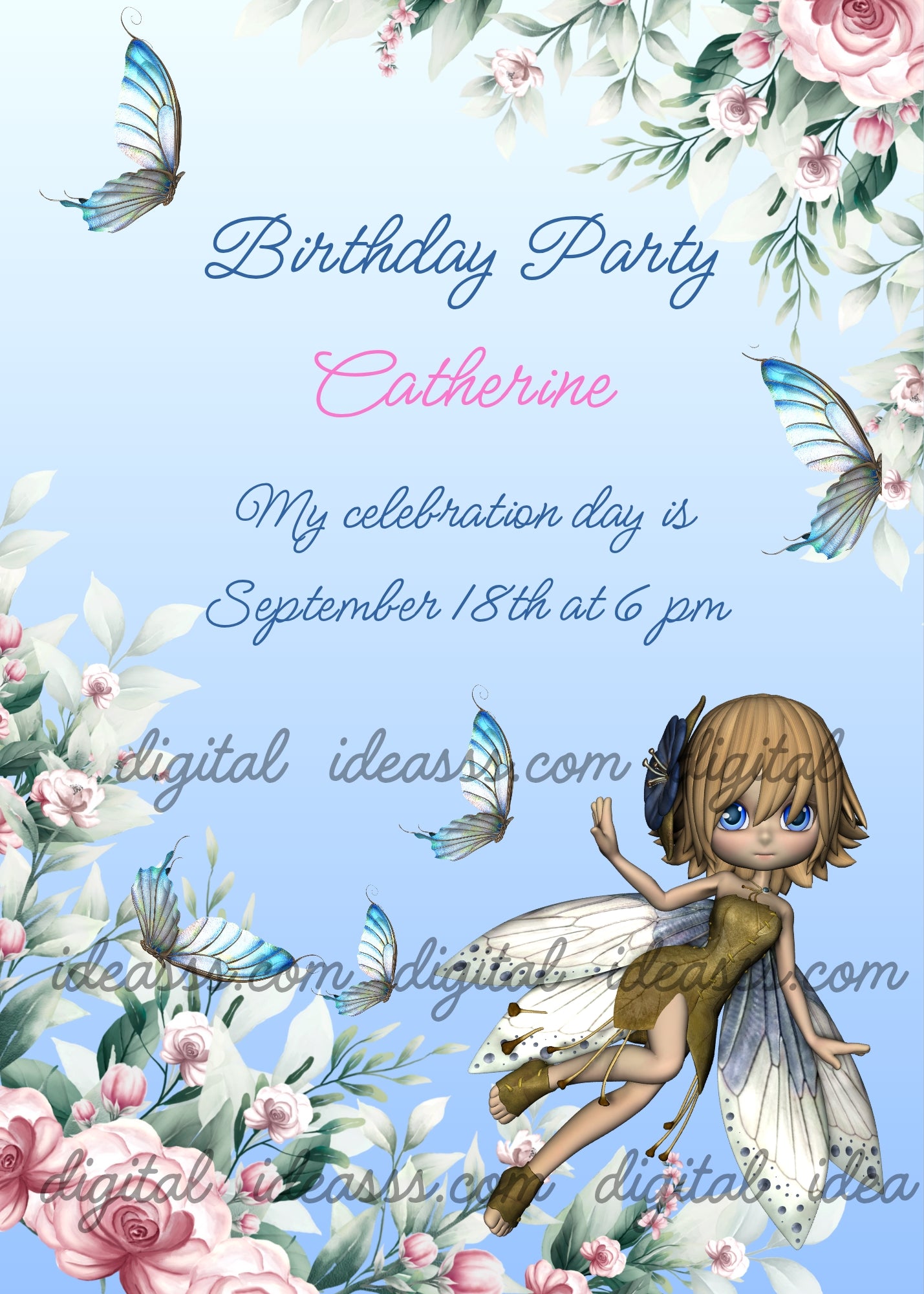 An ethereal fairy with short brown hair and blue eyes in a golden bronze dress with transparent wings flying among white and teal butterflies with watercolor pink roses and green leaves on a soft blue gradient background — printable birthday card for girls ages 9 to 14