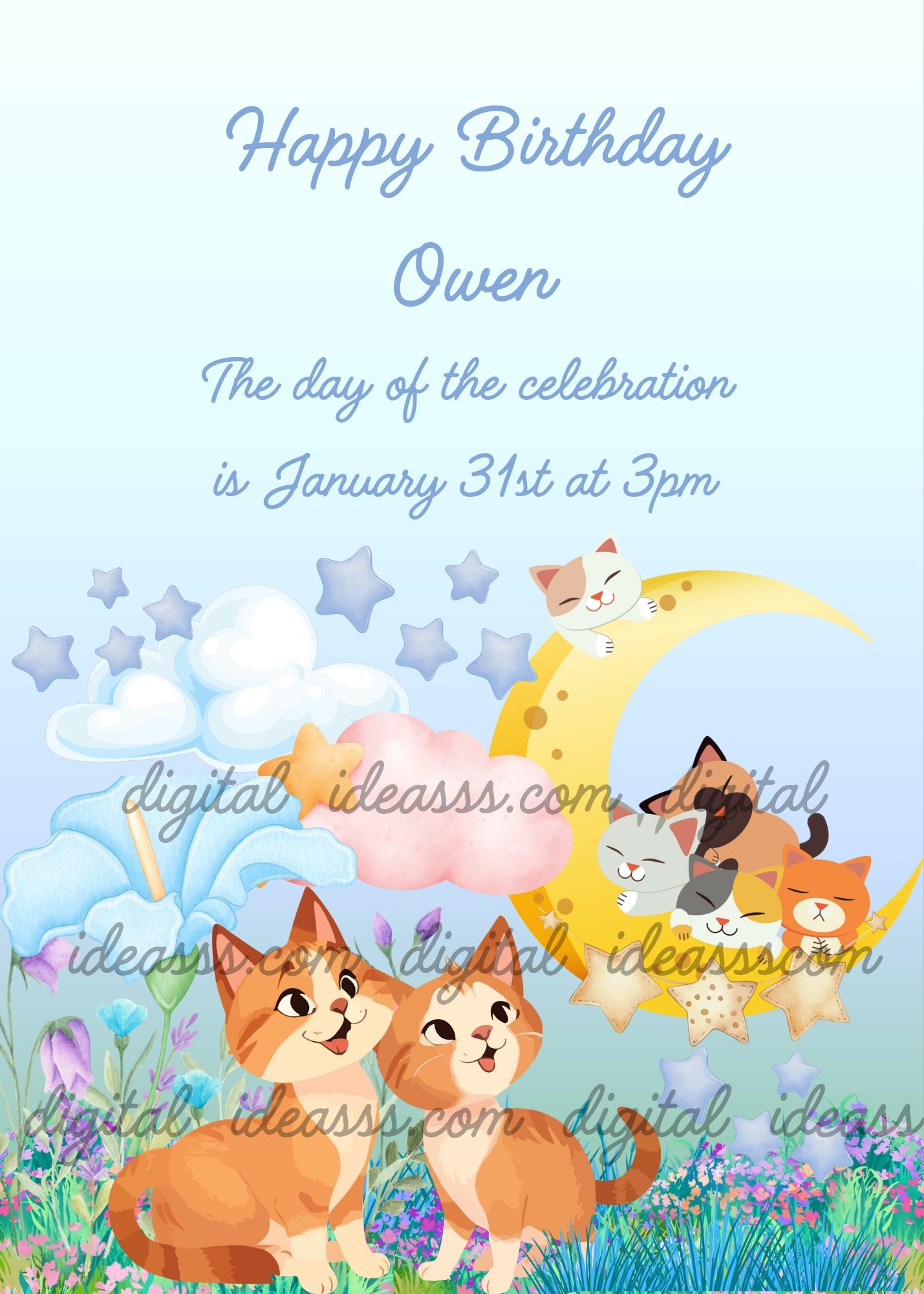 Four cute cats on a crescent moon and in a flower garden with blue and pink clouds, grey stars and colorful flowers on a soft light blue background — birthday card for children aged 5 to 12 