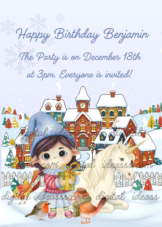 Little elf holding a yellow gift beside a resting white unicorn and three winter birds, with colorful snow-covered houses and a clock tower behind them - printable birthday card for children aged 6 to 12