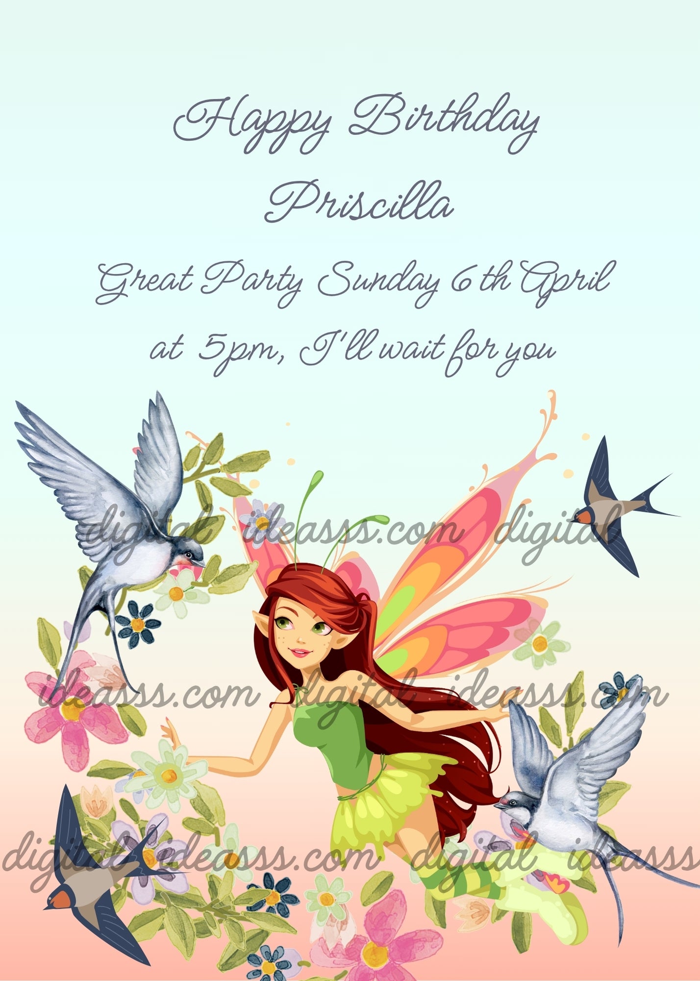 An ethereal fairy with short brown hair and blue eyes in a golden bronze dress with transparent wings flying among white and teal butterflies with watercolor pink roses and green leaves on a soft blue gradient background — printable birthday card for girls ages 9 to 14