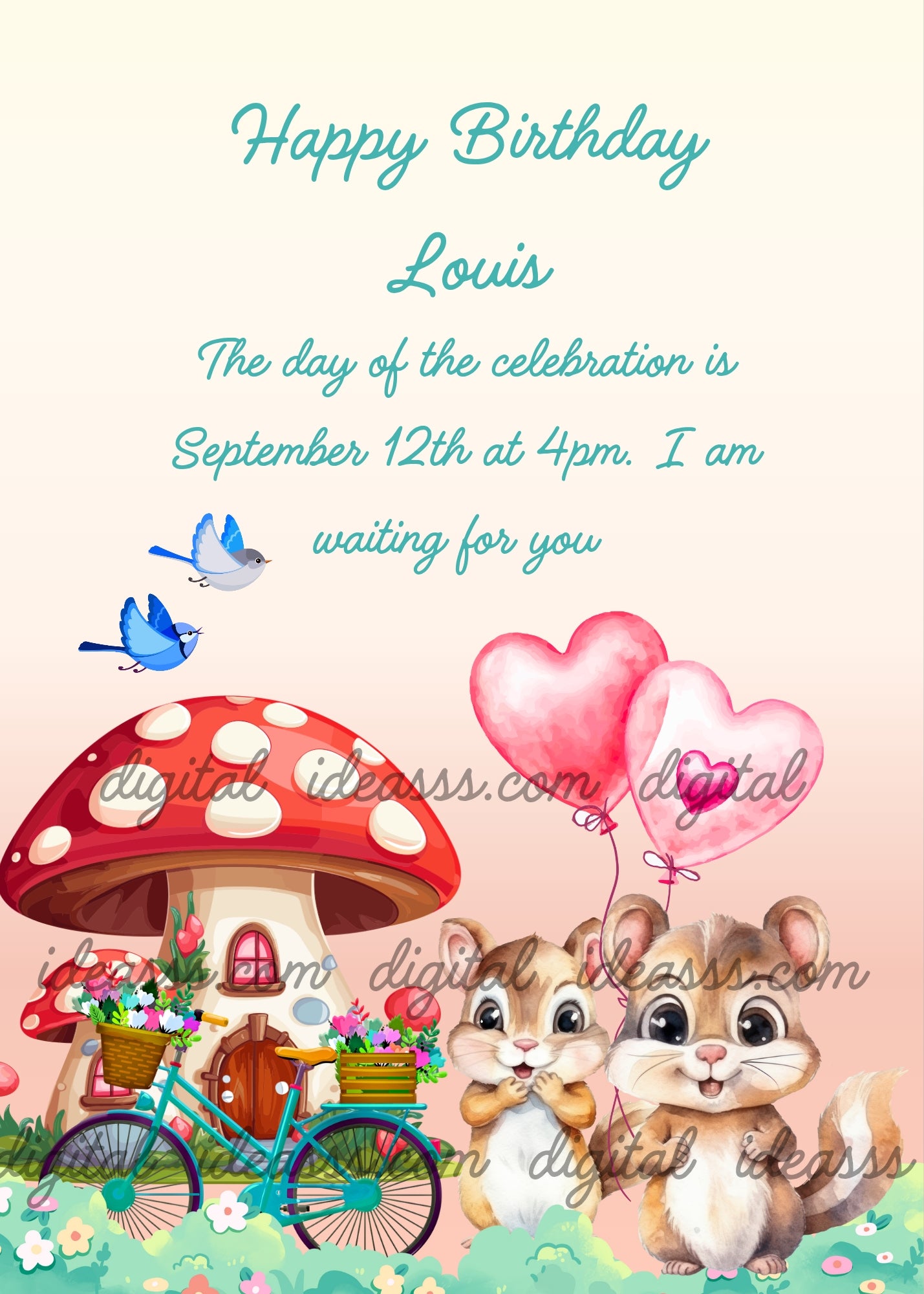 Two cute squirrels holding hands near a red mushroom house with a teal bicycle and pink heart balloons with blue birds — printable birthday card for kids 1-9