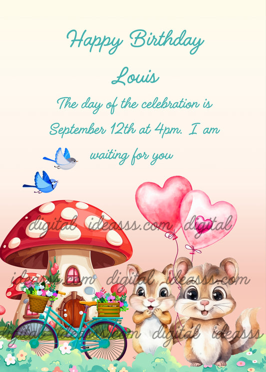 Two cute squirrels holding hands near a red mushroom house with a teal bicycle and pink heart balloons with blue birds — printable birthday card for kids 1-9