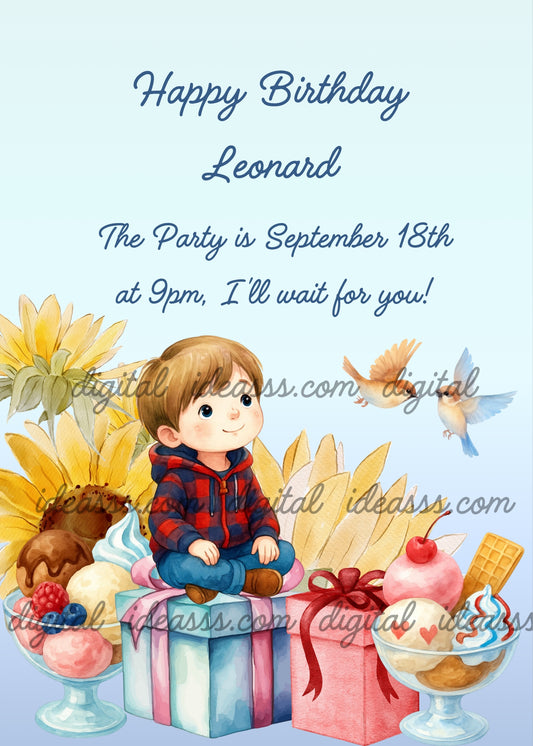 Sweet boy sitting on a blue gift box surrounded by sunflowers, ice creams, colorful birds and gifts on a light blue background — birthday card for boys aged 7 to 12