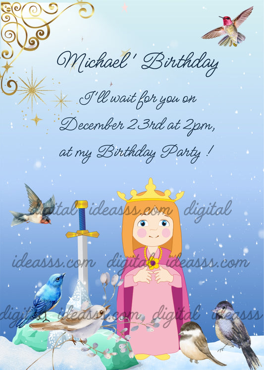 A cute kawaii young King Arthur with a golden crown and royal robe standing still and surprised beside a sword in the stone, surrounded by colorful birds and golden stars in a snowy blue winter background — printable birthday card for boys ages 8 to 12
