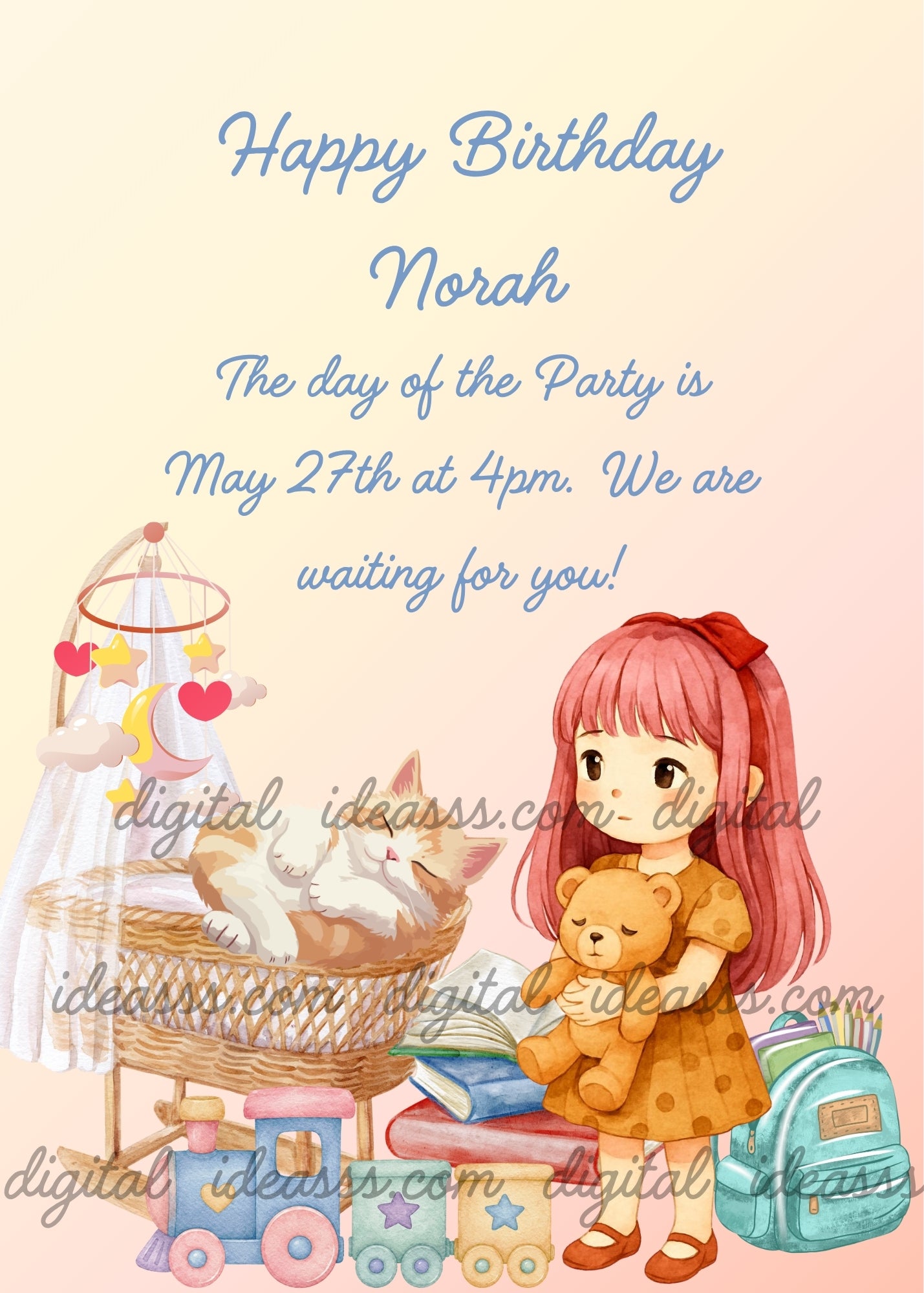 Cute little girl with long pink hair hugging a teddy bear, sitting next to a wicker crib with a sleeping kitten and a star and heart mobile, a blue toy train, books and a backpack on a soft peach gradient background — birthday card for girls aged 1 to 9 