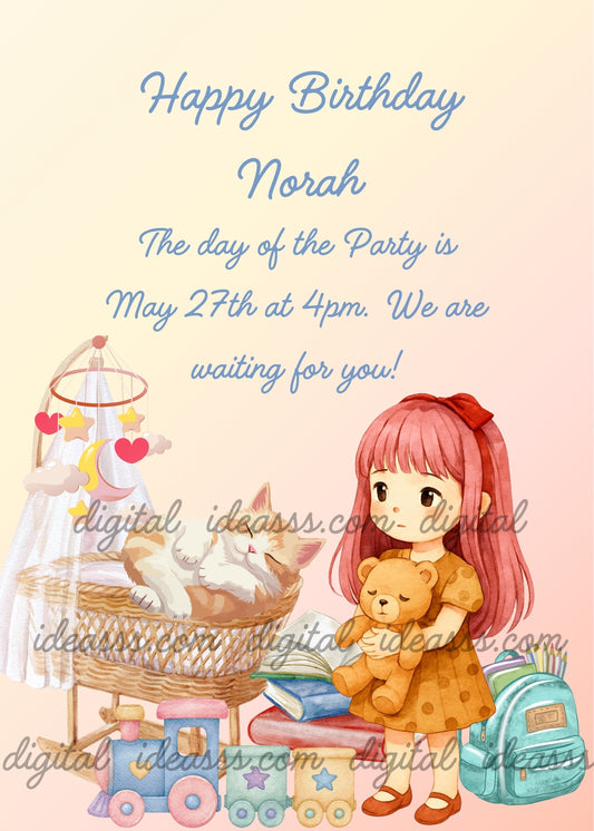 Cute little girl with long pink hair hugging a teddy bear, sitting next to a wicker crib with a sleeping kitten and a star and heart mobile, a blue toy train, books and a backpack on a soft peach gradient background — birthday card for girls aged 1 to 9 