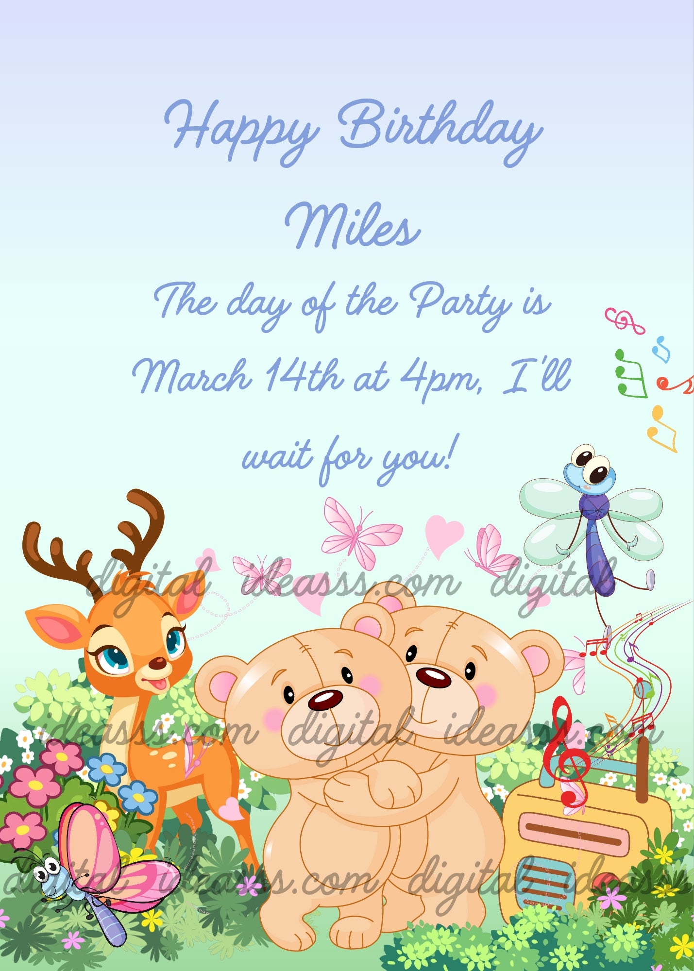 A cute deer and two teddy bears dancing to music in a garden with butterflies, dragonfly and colorful flowers on a pastel blue background — birthday card for children aged 1 to 7