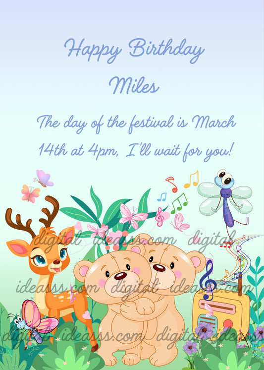  A cute deer and two teddy bears dancing to music in a garden with butterflies, dragonfly and colorful flowers on a pastel blue background — birthday card for children aged 1 to 7