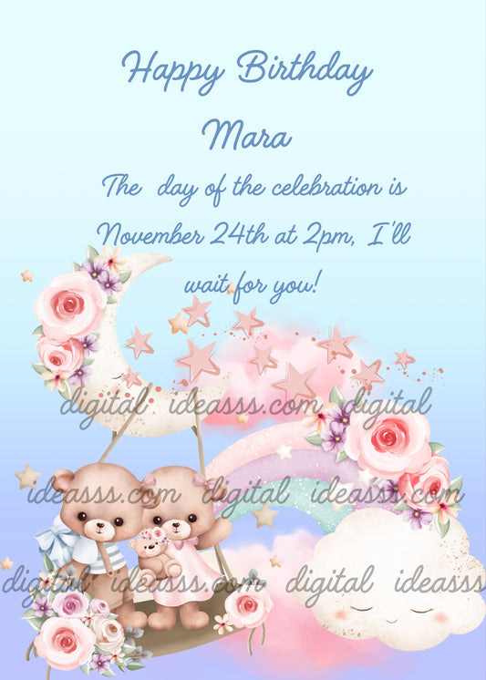Two cute teddy bears sitting on a swing hanging from a floral crescent moon with pink and purple roses, golden stars and a sleeping kawaii cloud on a soft blue and pink background — birthday card for children aged 1 to 8