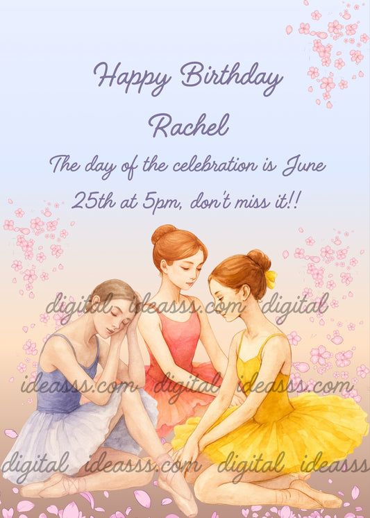 Three graceful ballerinas sitting on the floor during a break with tutus in three different colors — printable birthday card for girls ages 10 to 14