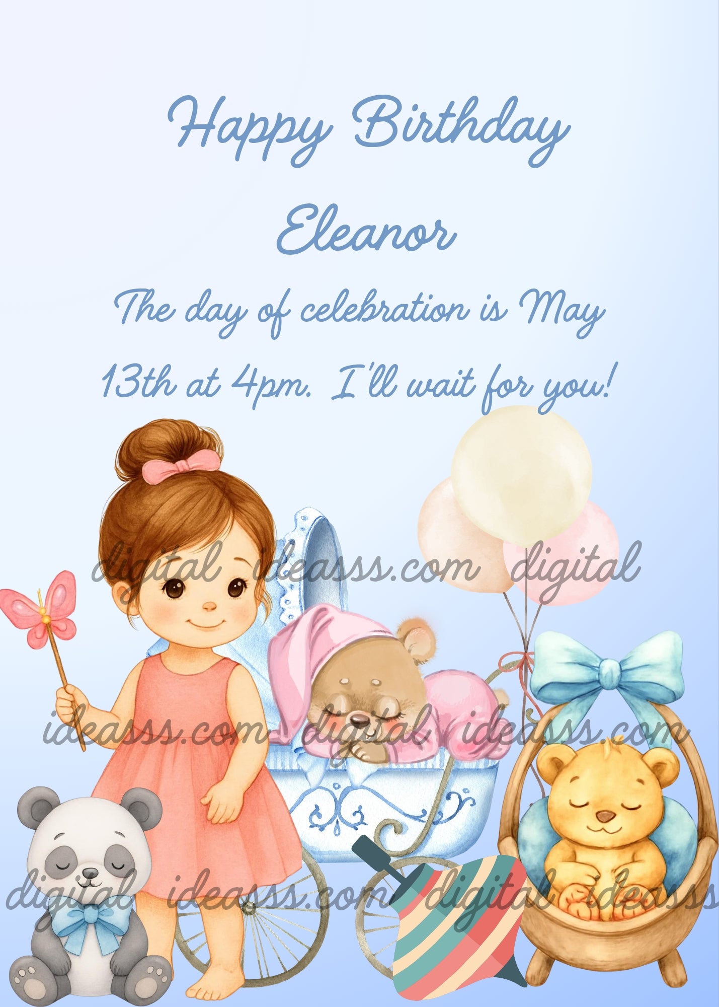 Sweet little girl in a pink dress holding a pink butterfly wand, with a panda bear, a blue pram with a sleeping teddy bear in pink pajamas, colorful balloons, and a yellow teddy bear in a basket with a light blue bow, on a soft blue gradient background — birthday card for girls aged 1 to 9